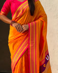 Orange Vitthal Rukmini Contrast Paithani Silk Zari Woven Saree