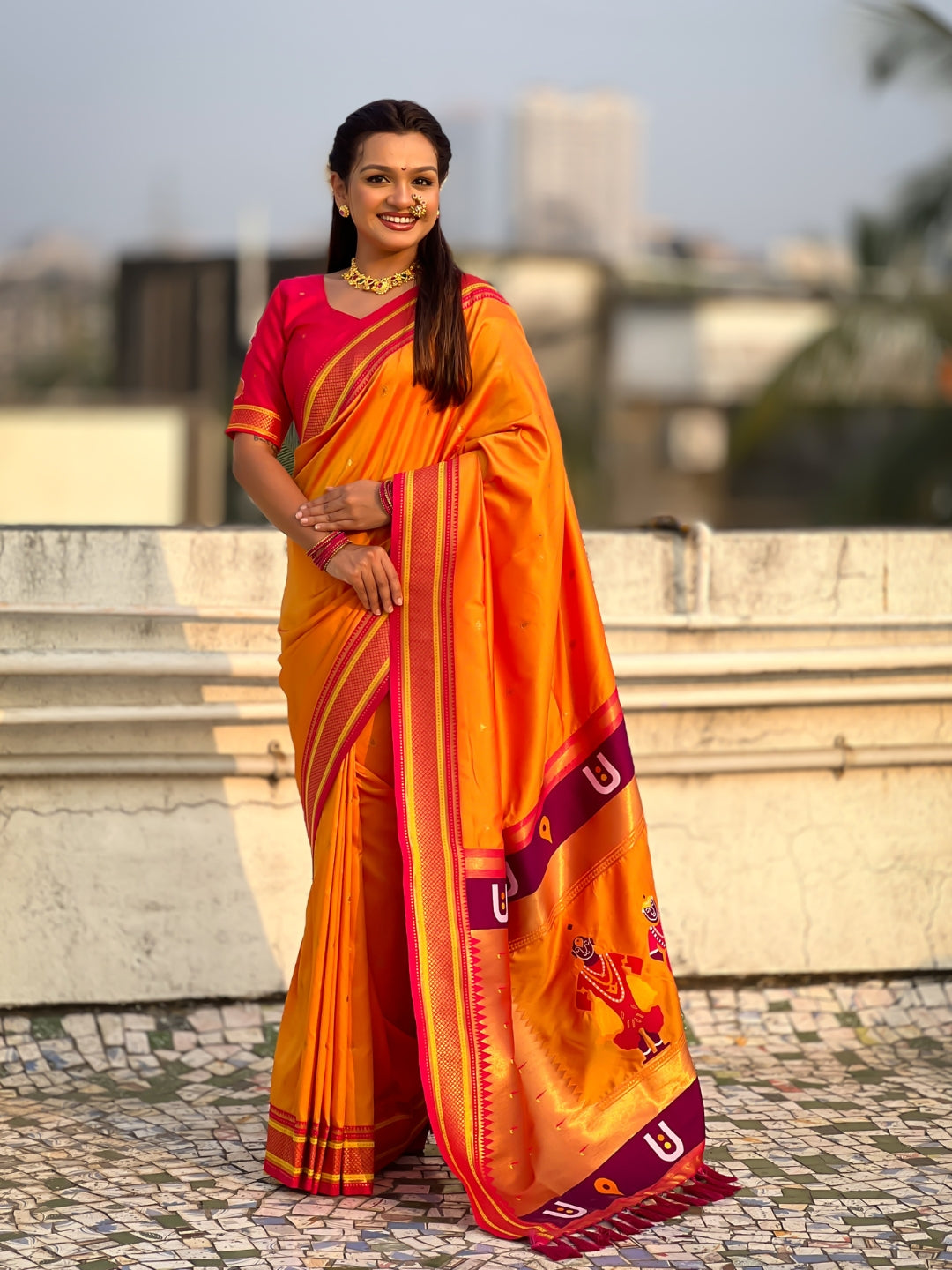 Orange Vitthal Rukmini Contrast Paithani Silk Zari Woven Saree