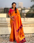 Orange Vitthal Rukmini Contrast Paithani Silk Zari Woven Saree