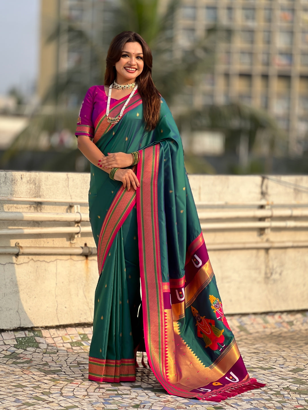 Peacock Blue Vitthal Rukmini Contrast Paithani Silk Zari Woven Saree