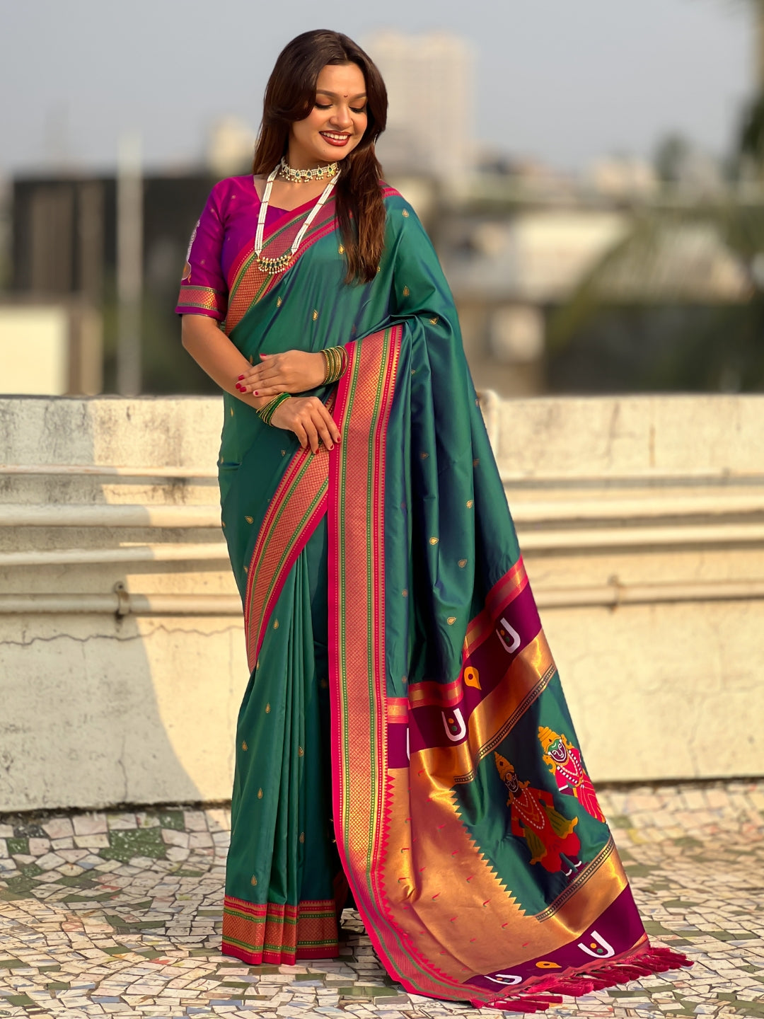 Peacock Blue Vitthal Rukmini Contrast Paithani Silk Zari Woven Saree