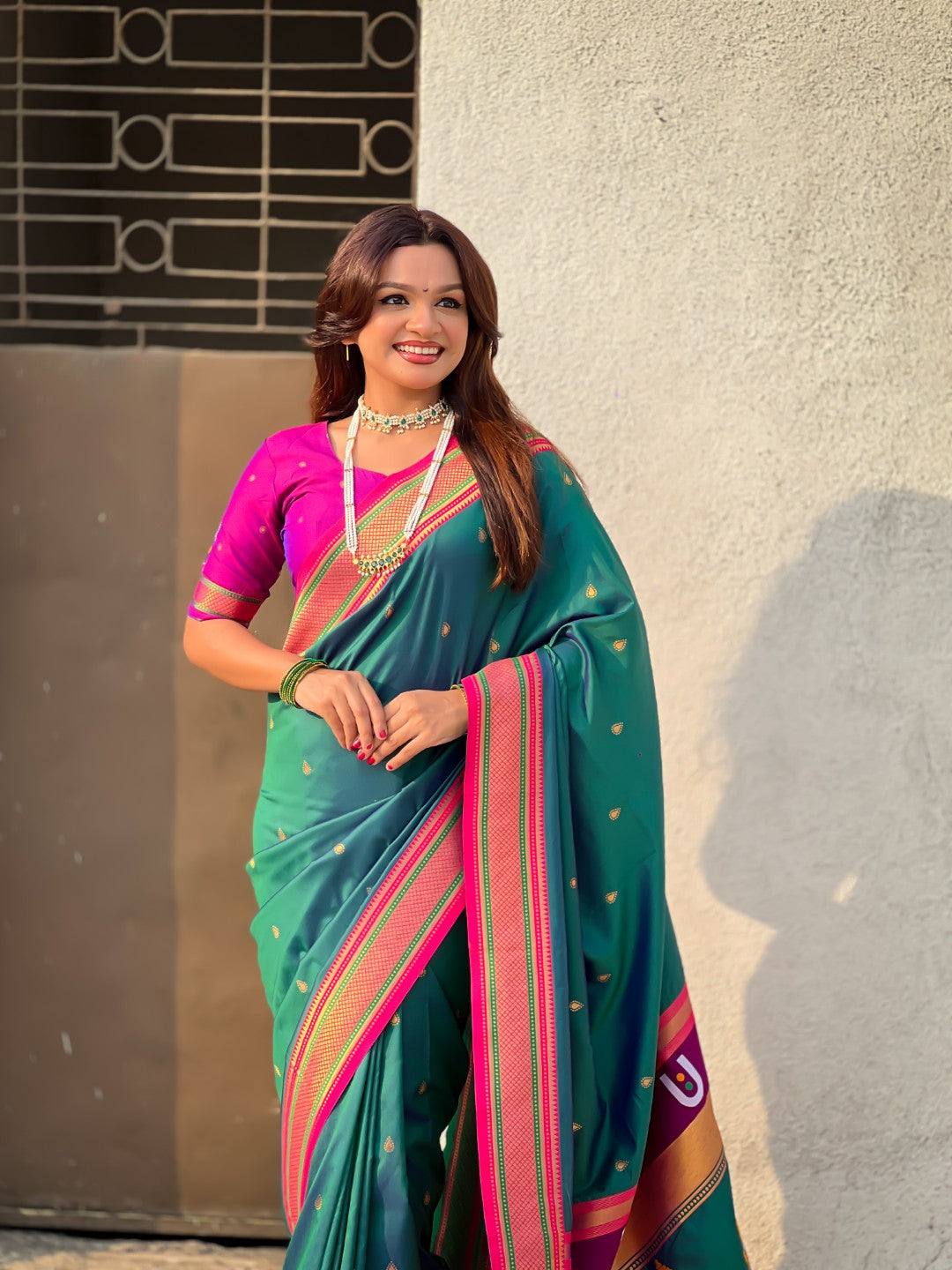 Peacock Blue Vitthal Rukmini Contrast Paithani Silk Zari Woven Saree
