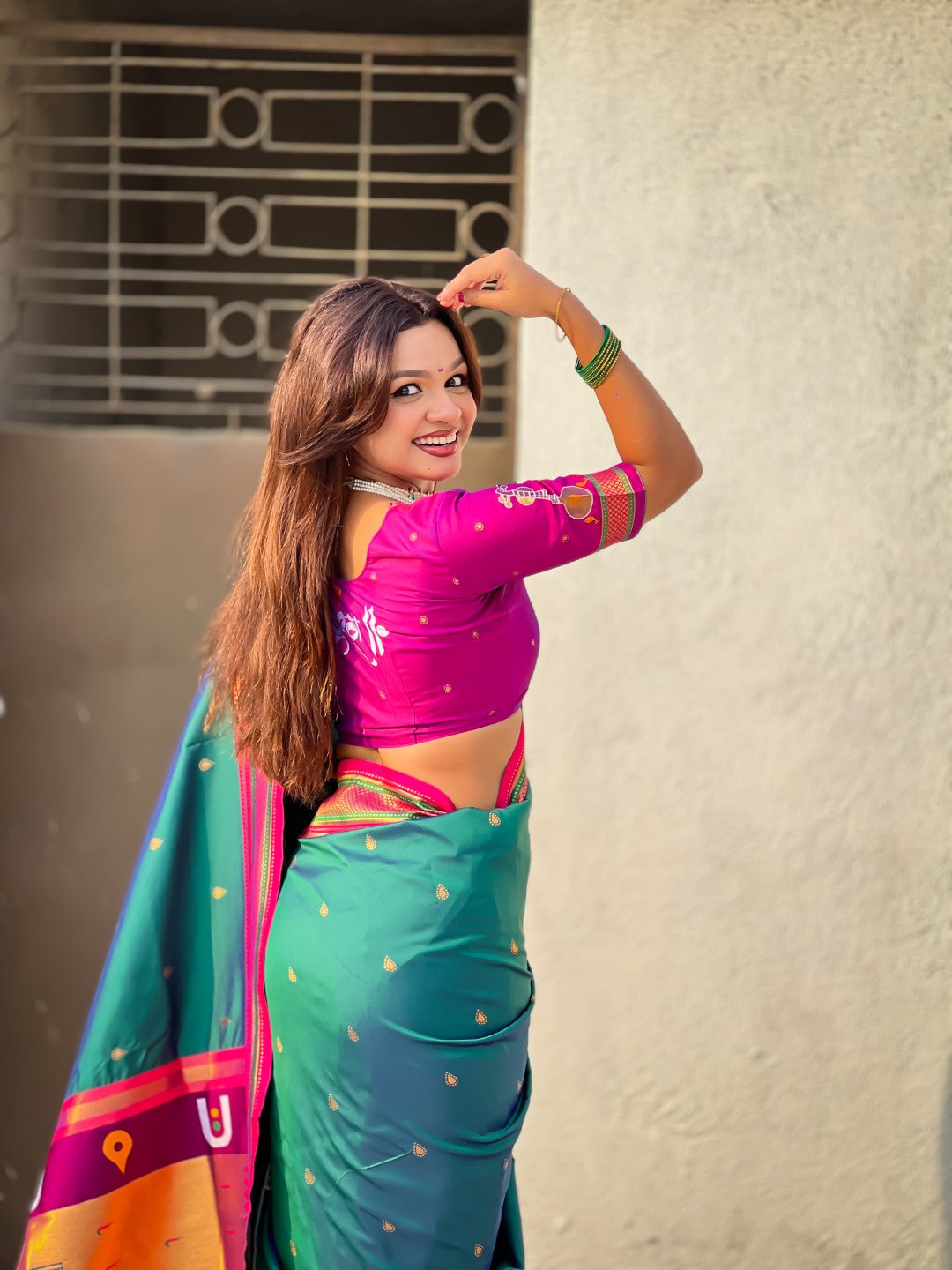 Peacock Blue Vitthal Rukmini Contrast Paithani Silk Zari Woven Saree