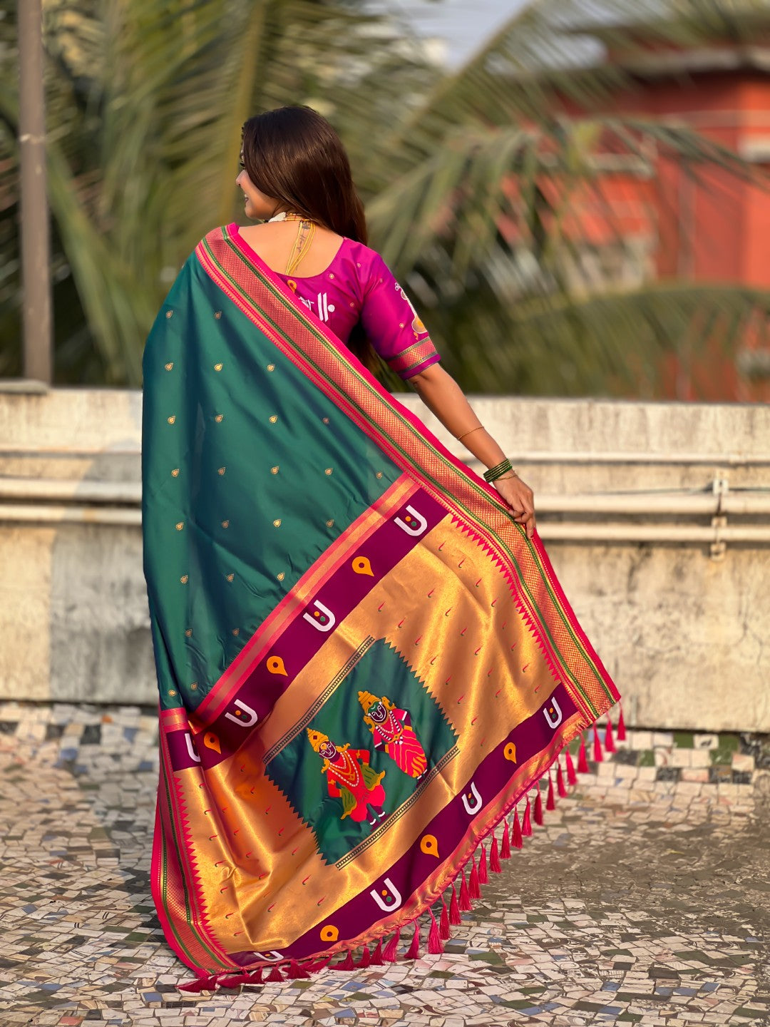 Peacock Blue Vitthal Rukmini Contrast Paithani Silk Zari Woven Saree