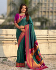 Peacock Blue Vitthal Rukmini Contrast Paithani Silk Zari Woven Saree