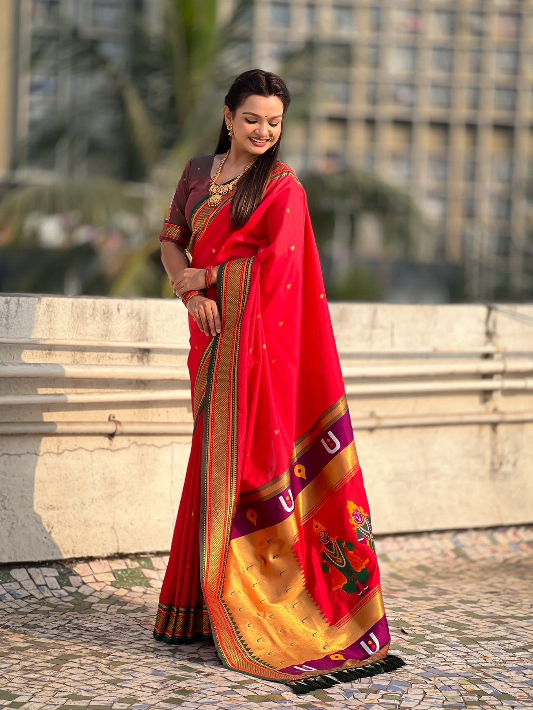 Red Vitthal Rukmini Contrast Paithani Silk Zari Woven Saree