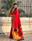 Red Vitthal Rukmini Contrast Paithani Silk Zari Woven Saree