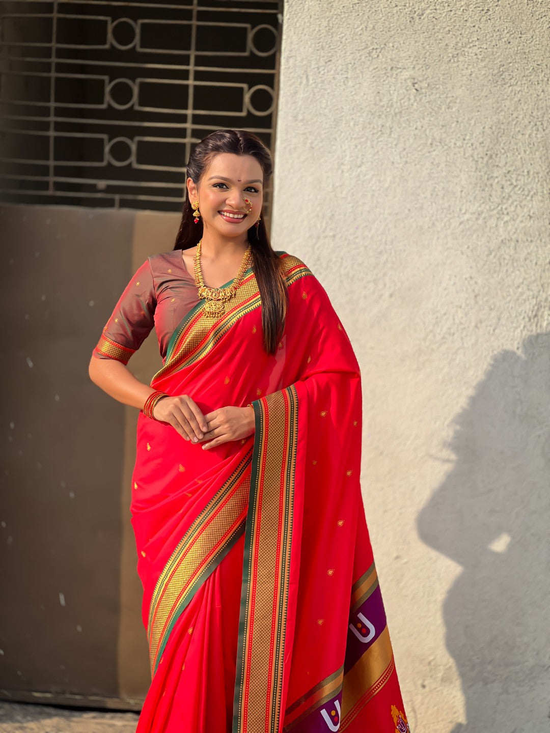 Red Vitthal Rukmini Contrast Paithani Silk Zari Woven Saree