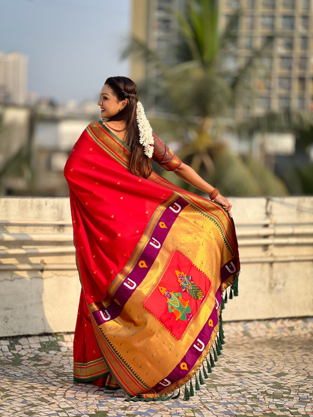 Red Vitthal Rukmini Contrast Paithani Silk Zari Woven Saree