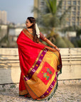 Red Vitthal Rukmini Contrast Paithani Silk Zari Woven Saree