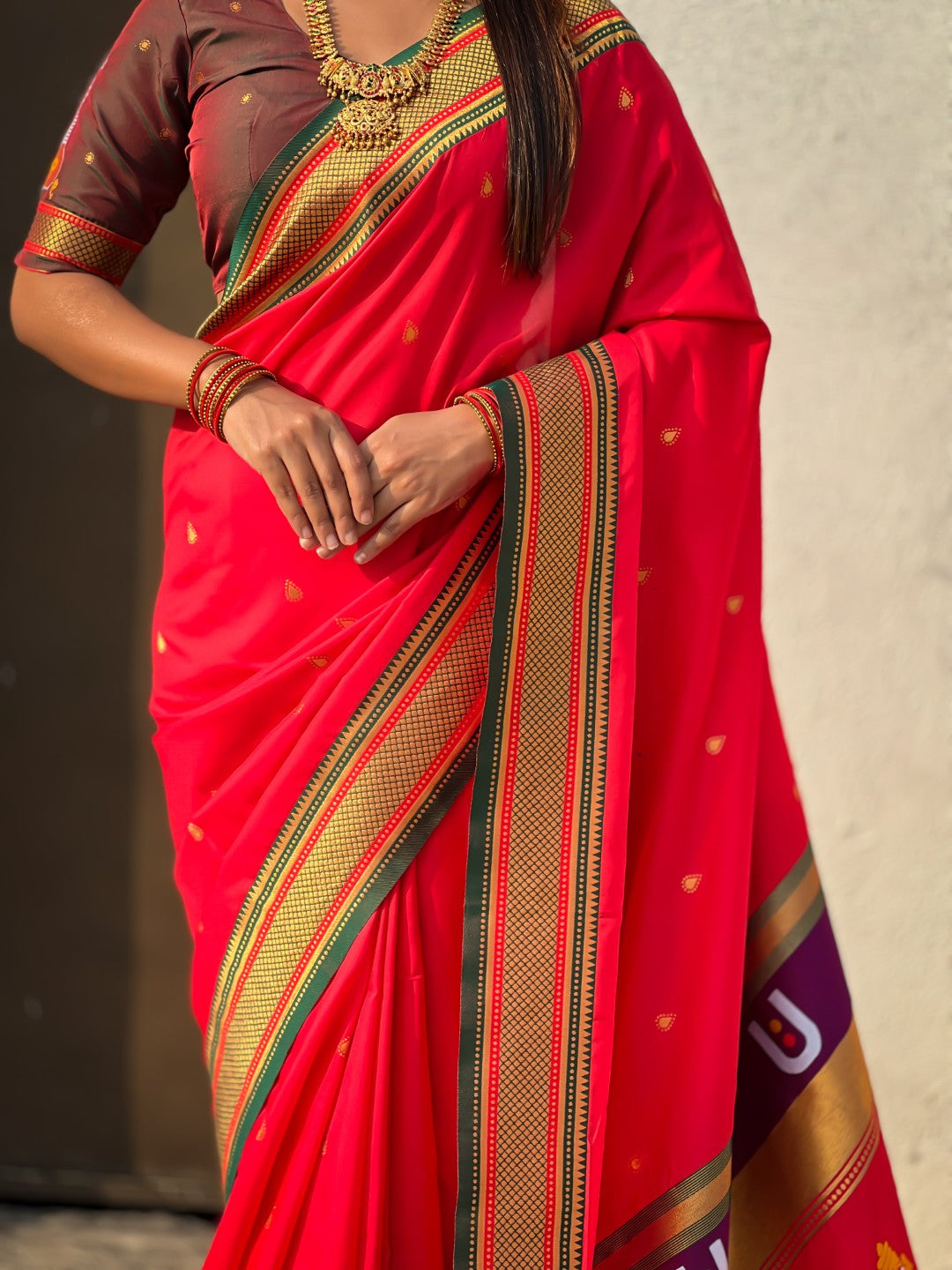 Red Vitthal Rukmini Contrast Paithani Silk Zari Woven Saree