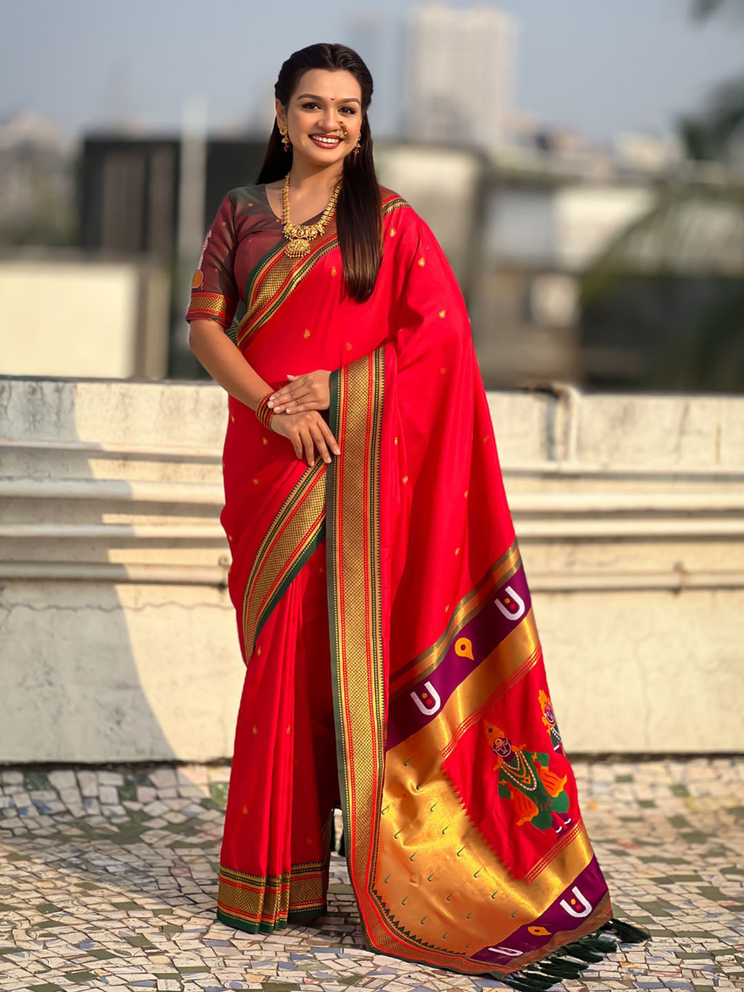 Red Vitthal Rukmini Contrast Paithani Silk Zari Woven Saree