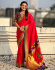 Red Vitthal Rukmini Contrast Paithani Silk Zari Woven Saree