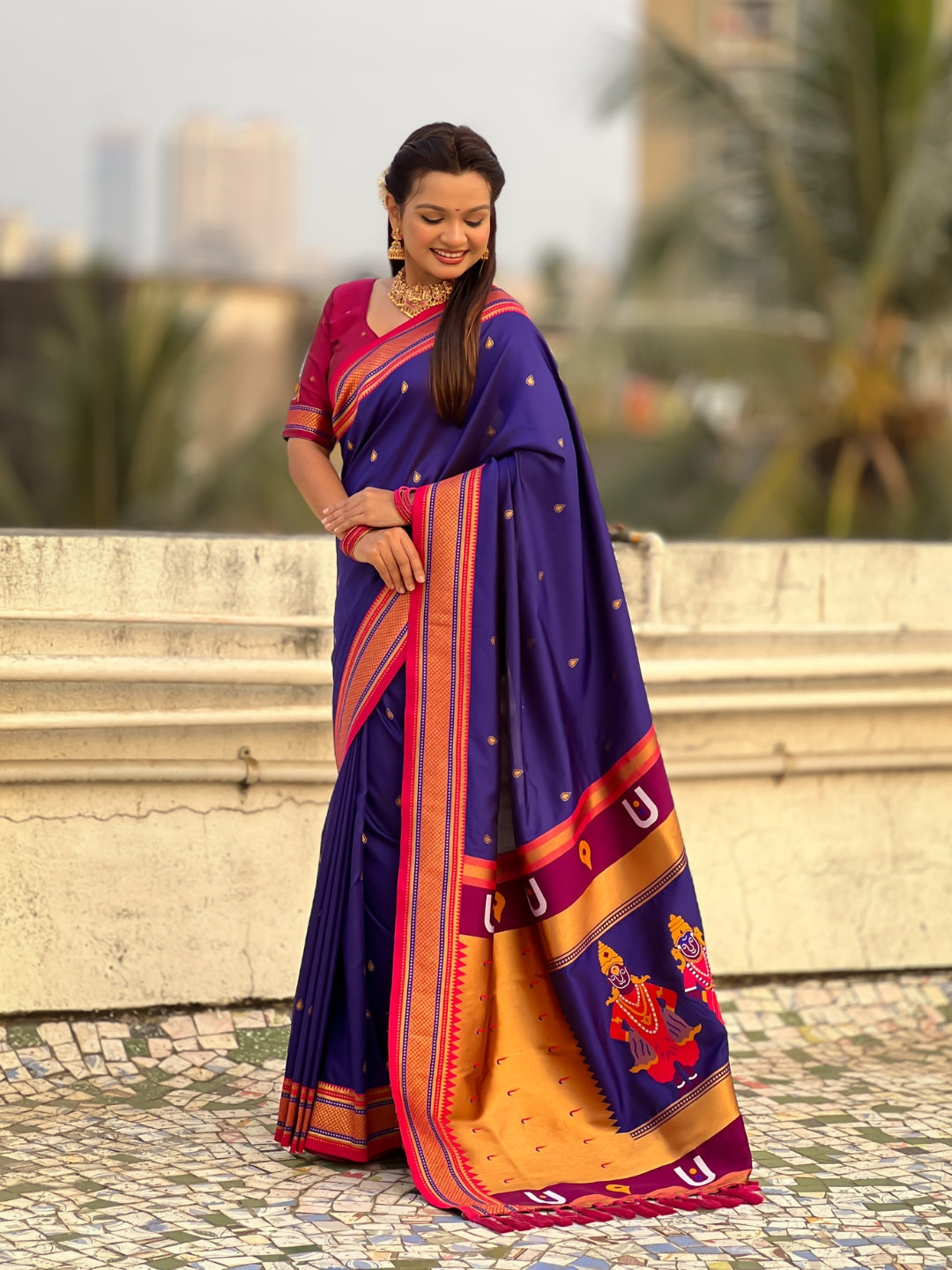 Violet Vitthal Rukmini Contrast Paithani Silk Zari Woven Saree