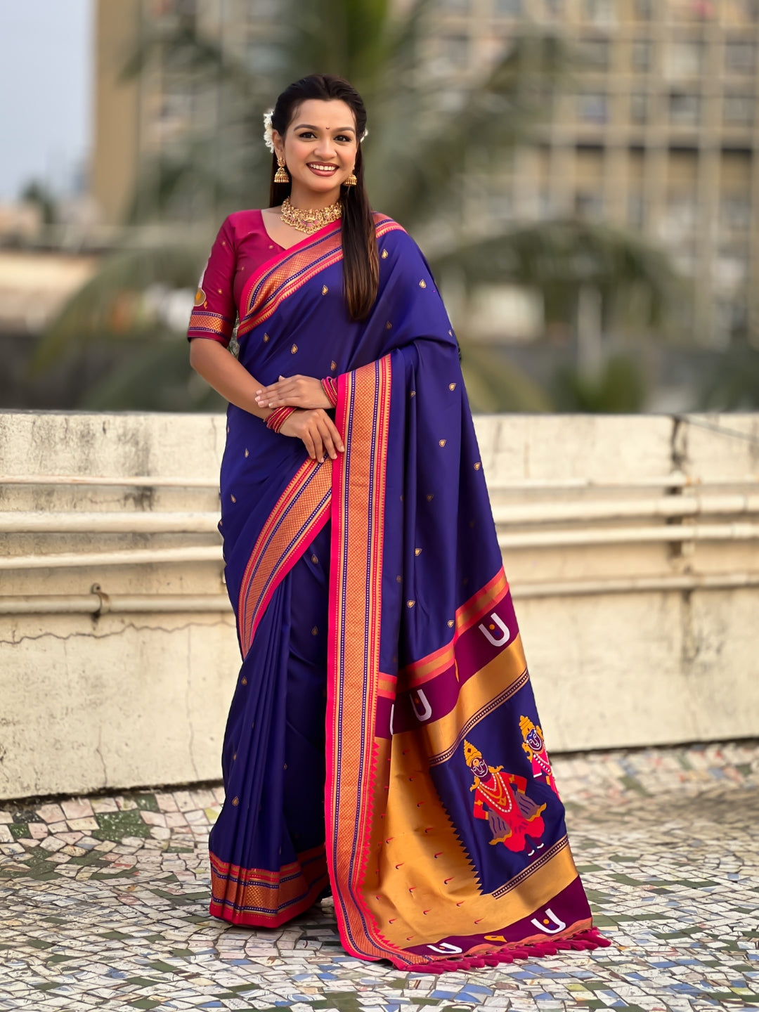 Violet Vitthal Rukmini Contrast Paithani Silk Zari Woven Saree
