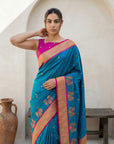 Blue Soft Traditional Paithani Silk Zari Woven Peacock Pattern Saree