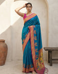 Blue Soft Traditional Paithani Silk Zari Woven Peacock Pattern Saree