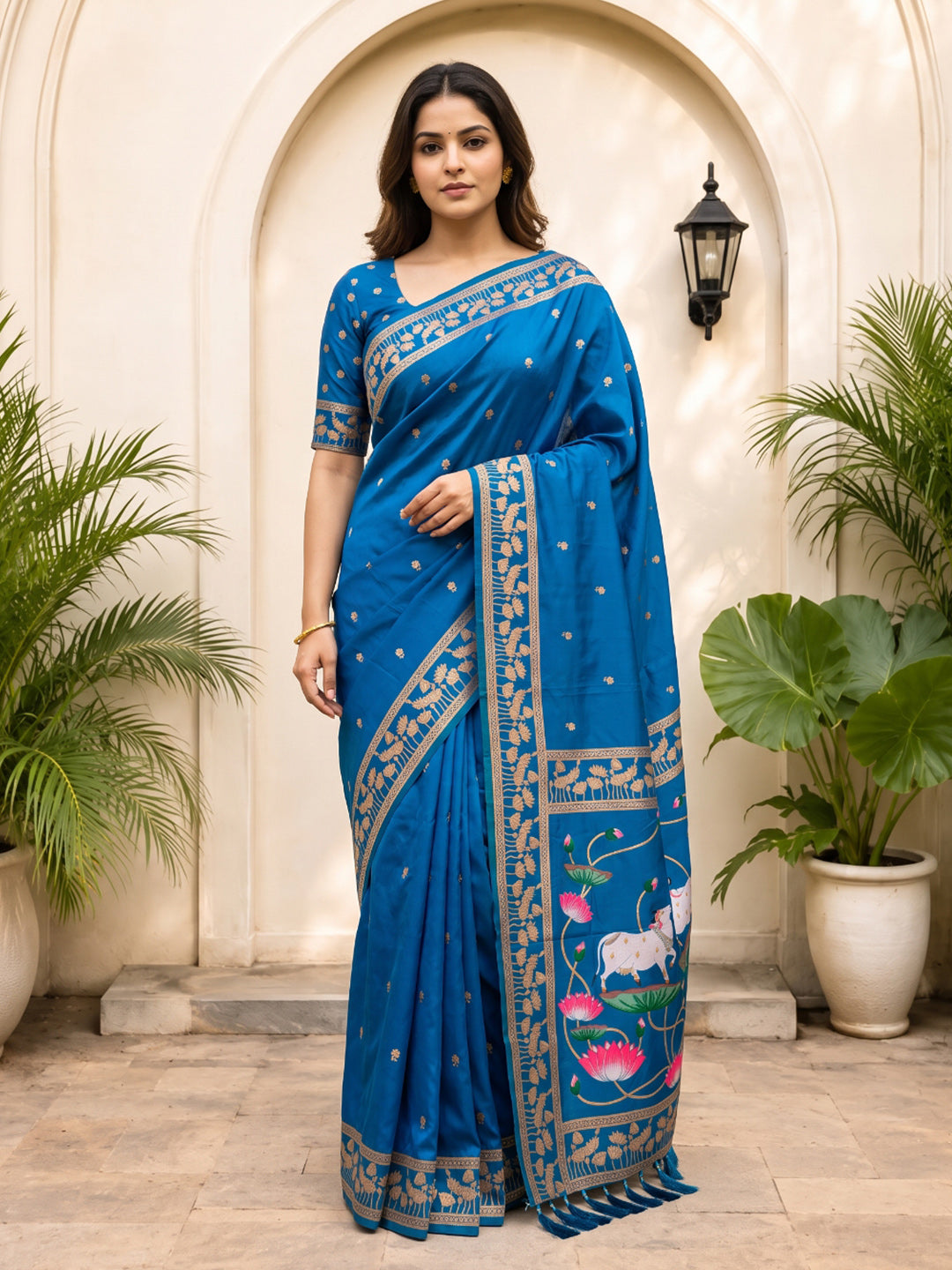 Rama Blue Soft Zari Woven Saree with Lotus Pichwai Concept Pallu