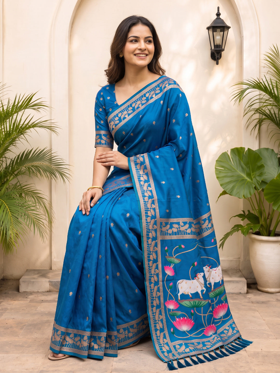 Rama Blue Soft Zari Woven Saree with Lotus Pichwai Concept Pallu