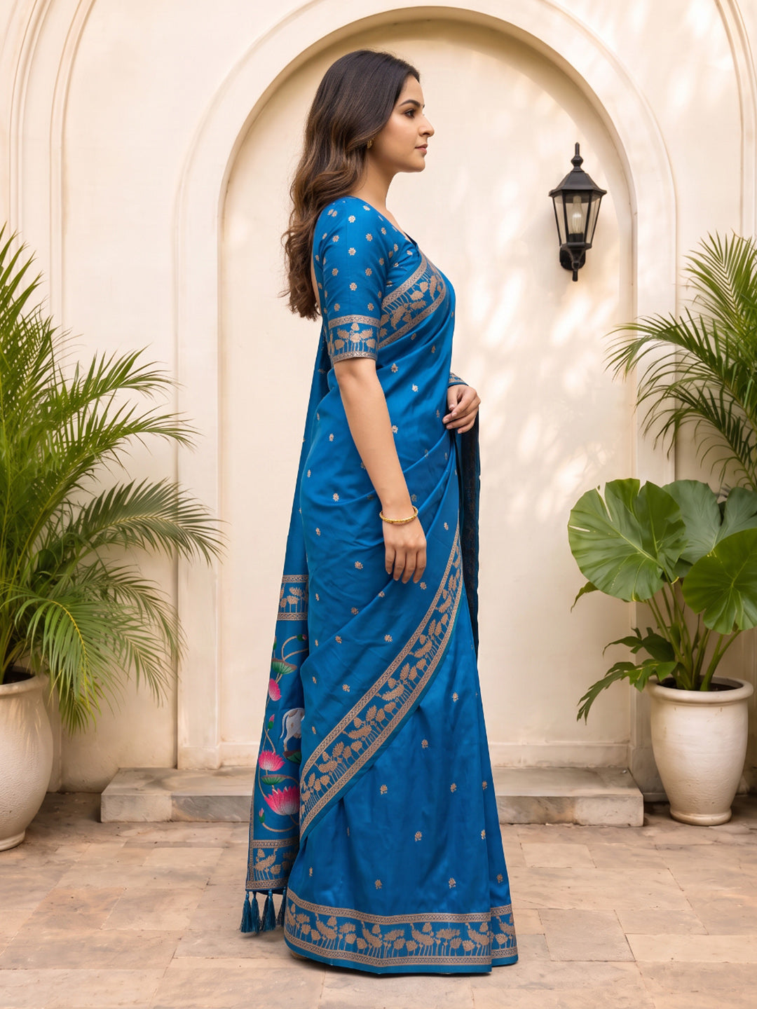Rama Blue Soft Zari Woven Saree with Lotus Pichwai Concept Pallu