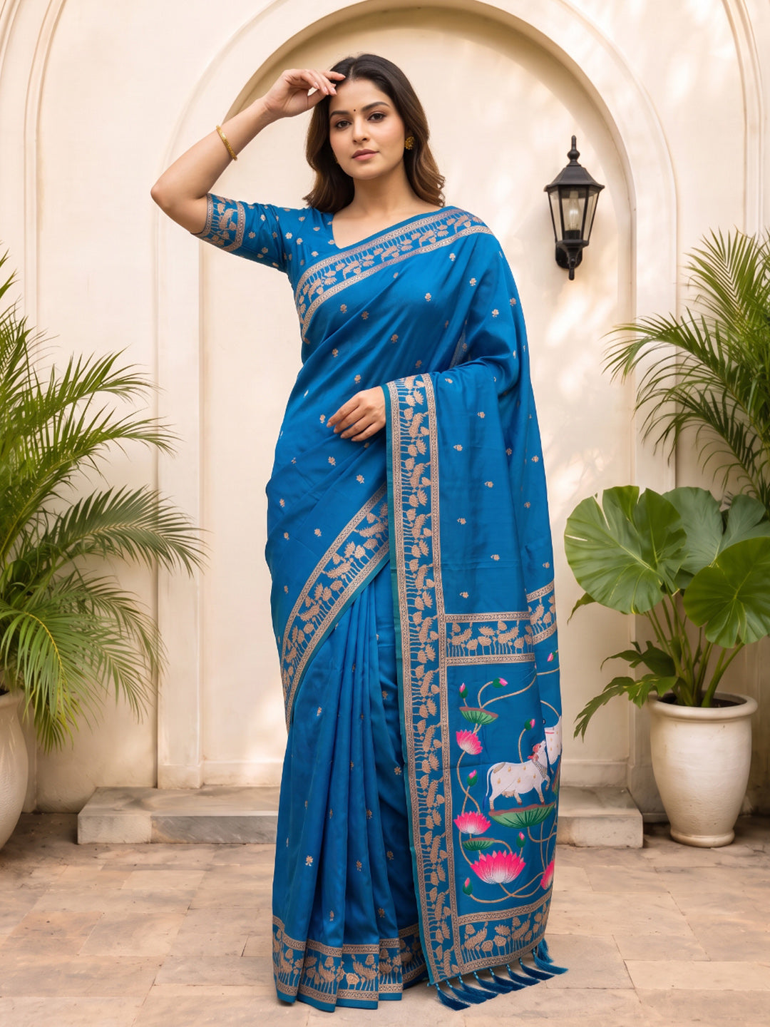 Rama Blue Soft Zari Woven Saree with Lotus Pichwai Concept Pallu