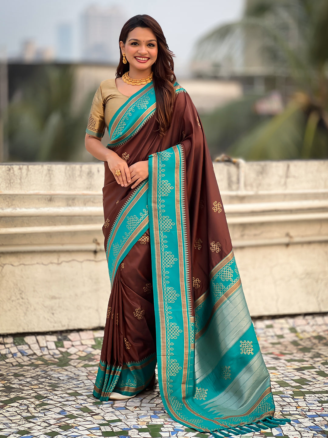 Coffee Soft Traditional Kolam Art Concept Zari Woven Silk Saree