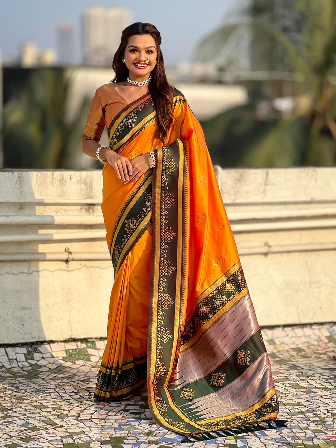 Orange Soft Traditional Kolam Art Concept Zari Woven Silk Saree