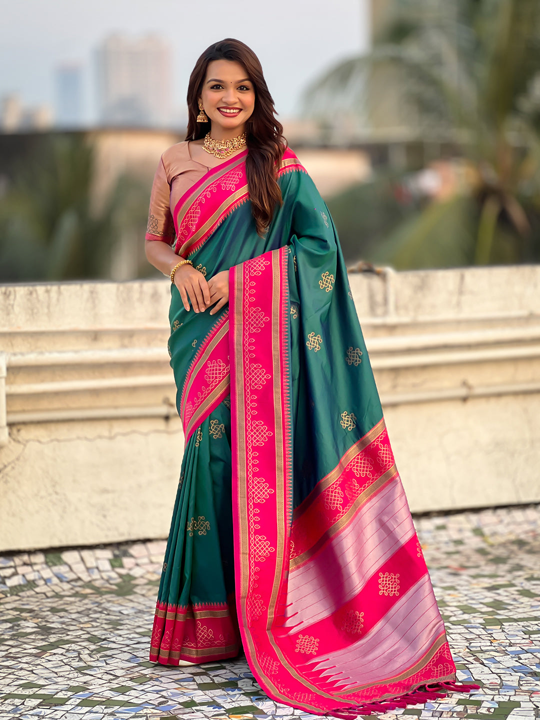 Peacock Blue Soft Traditional Kolam Art Concept Zari Woven Silk Saree