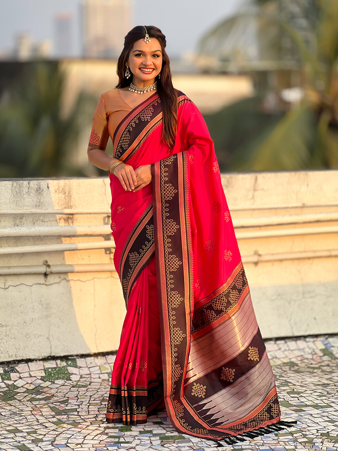 Rani Pink Soft Traditional Kolam Art Concept Zari Woven Silk Saree