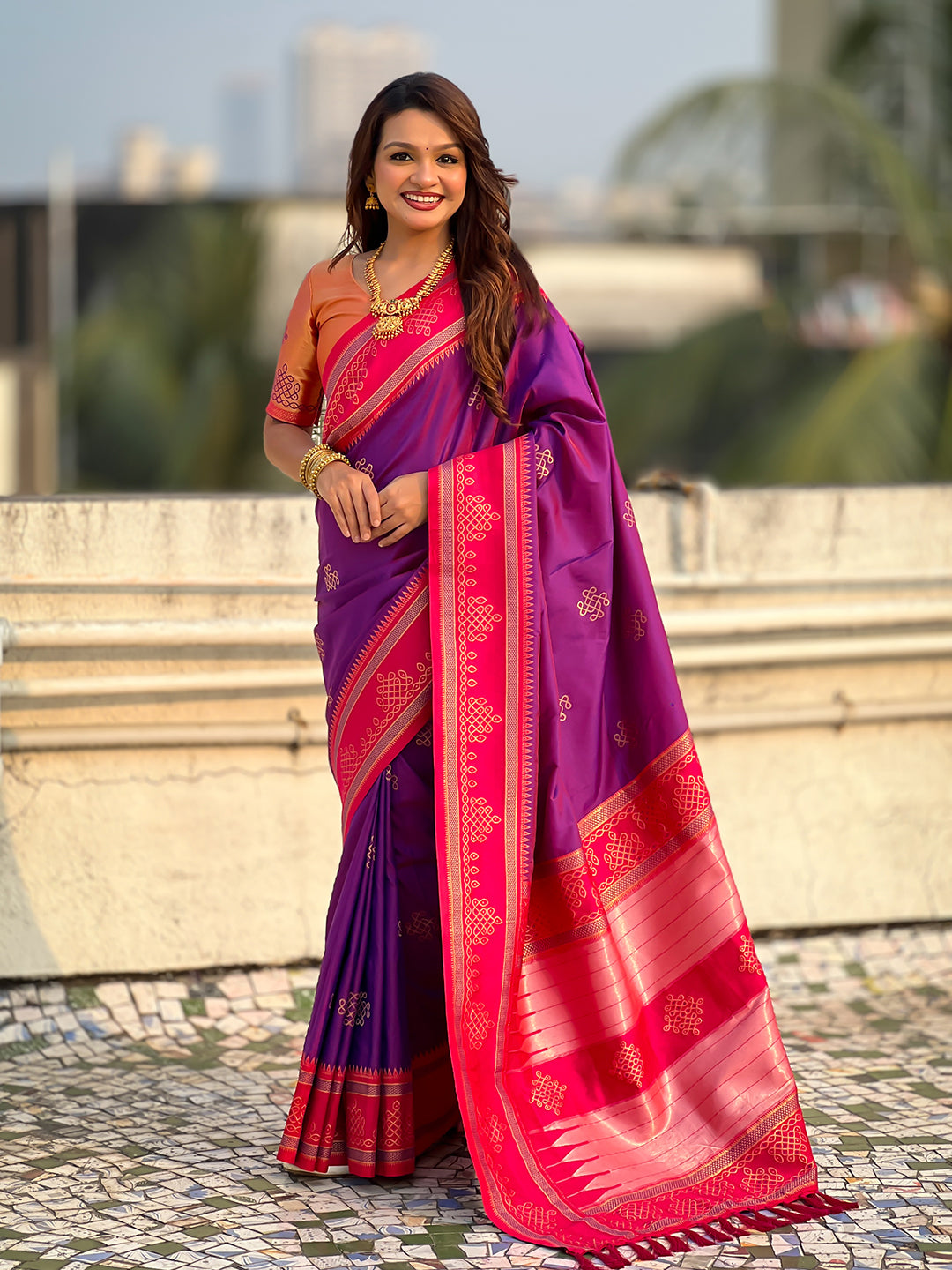 Purple (Red Tone) Soft Traditional Kolam Art Concept Zari Woven Silk Saree