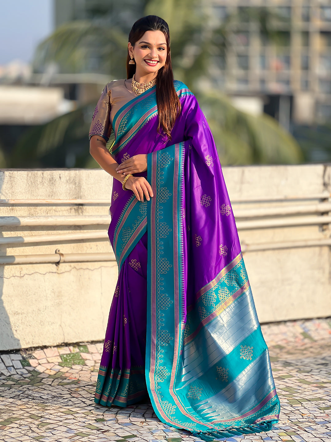 Purple Soft Traditional Kolam Art Concept Zari Woven Silk Saree