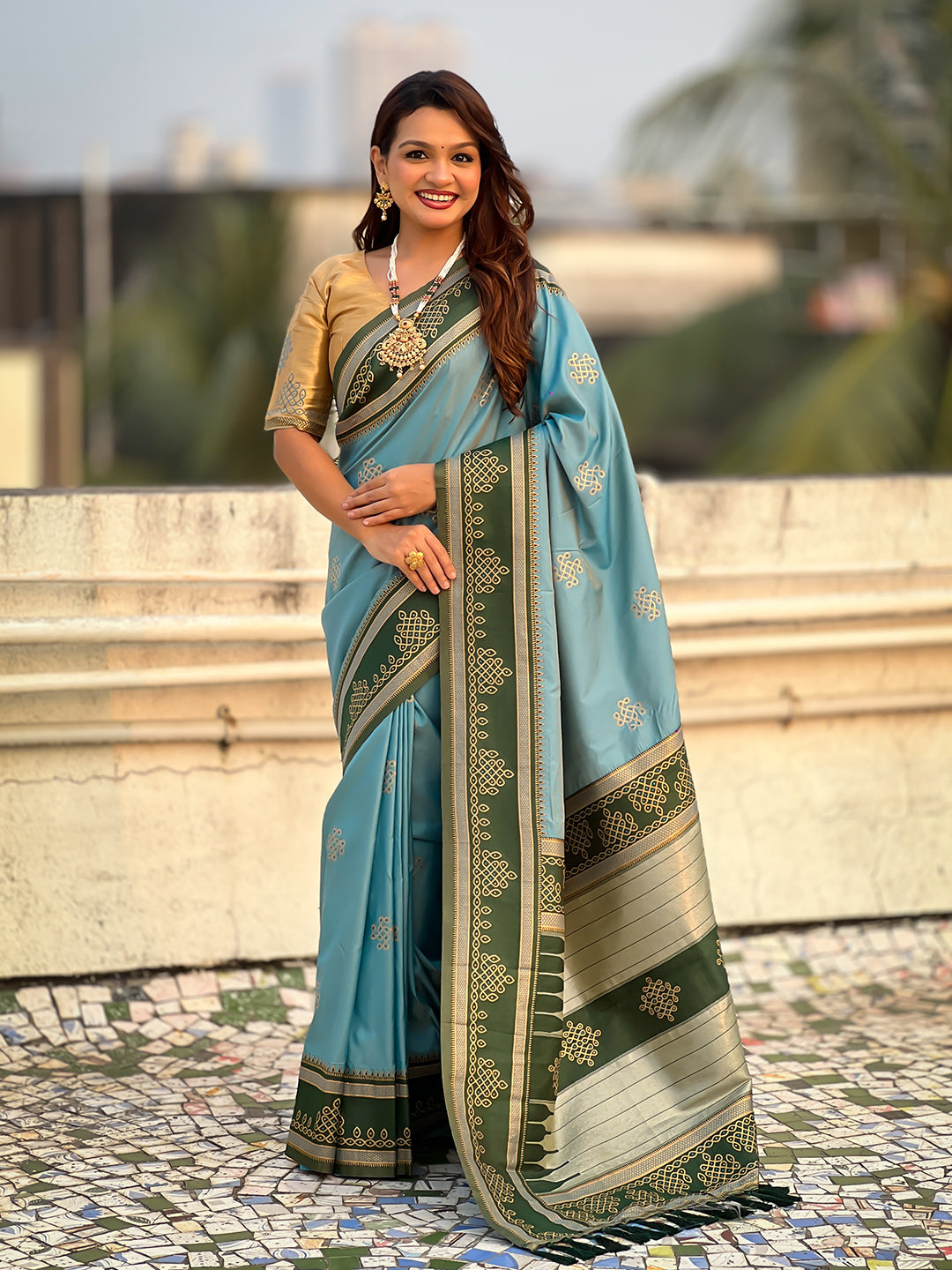 Sky Blue Soft Traditional Kolam Art Concept Zari Woven Silk Saree