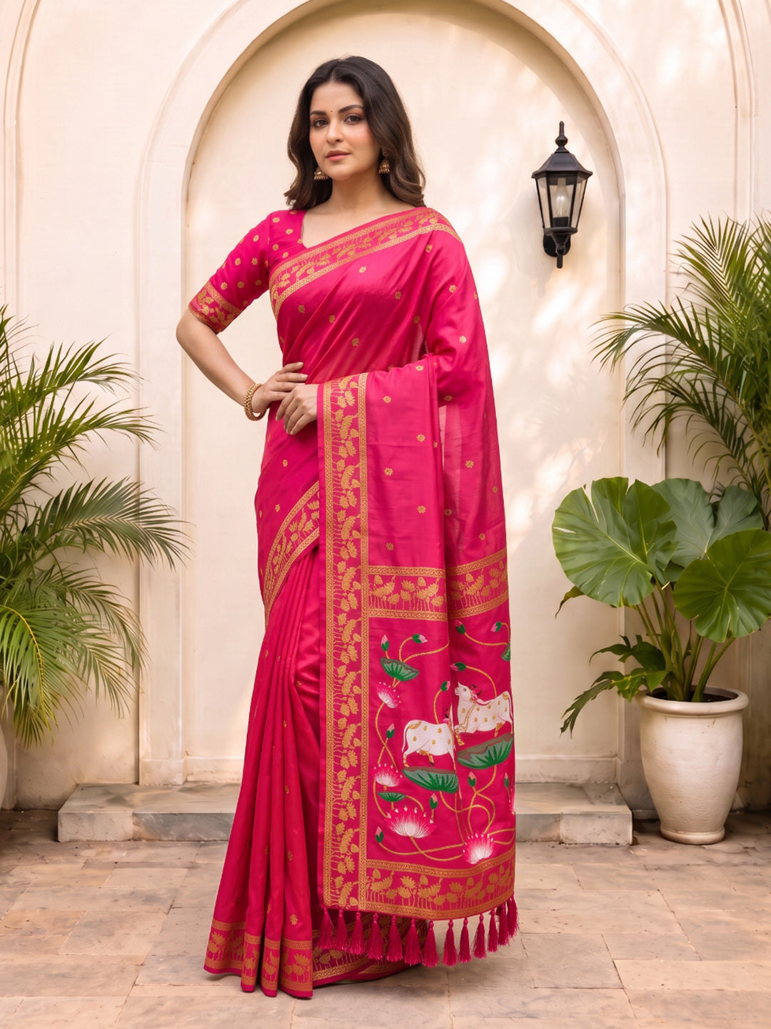 Rani Pink Soft Zari Woven Saree with Lotus Pichwai Concept Pallu