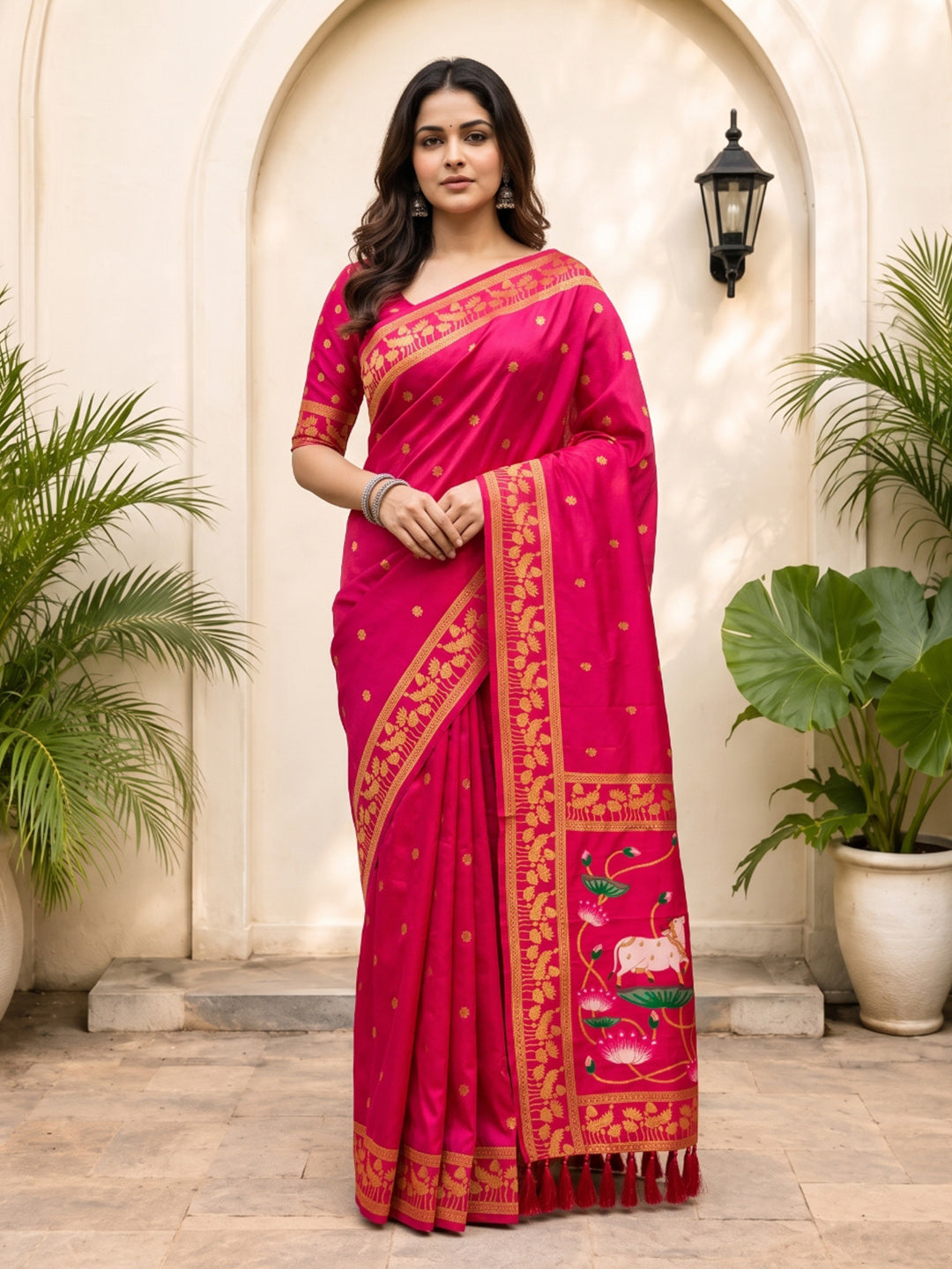 Rani Pink Soft Zari Woven Saree with Lotus Pichwai Concept Pallu