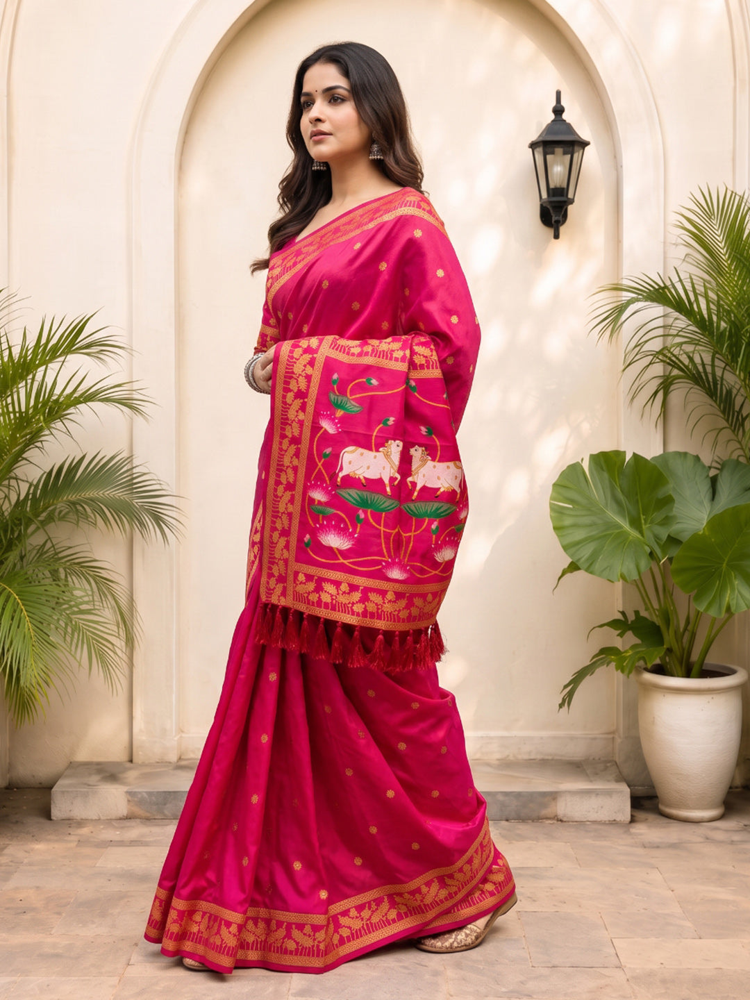 Rani Pink Soft Zari Woven Saree with Lotus Pichwai Concept Pallu