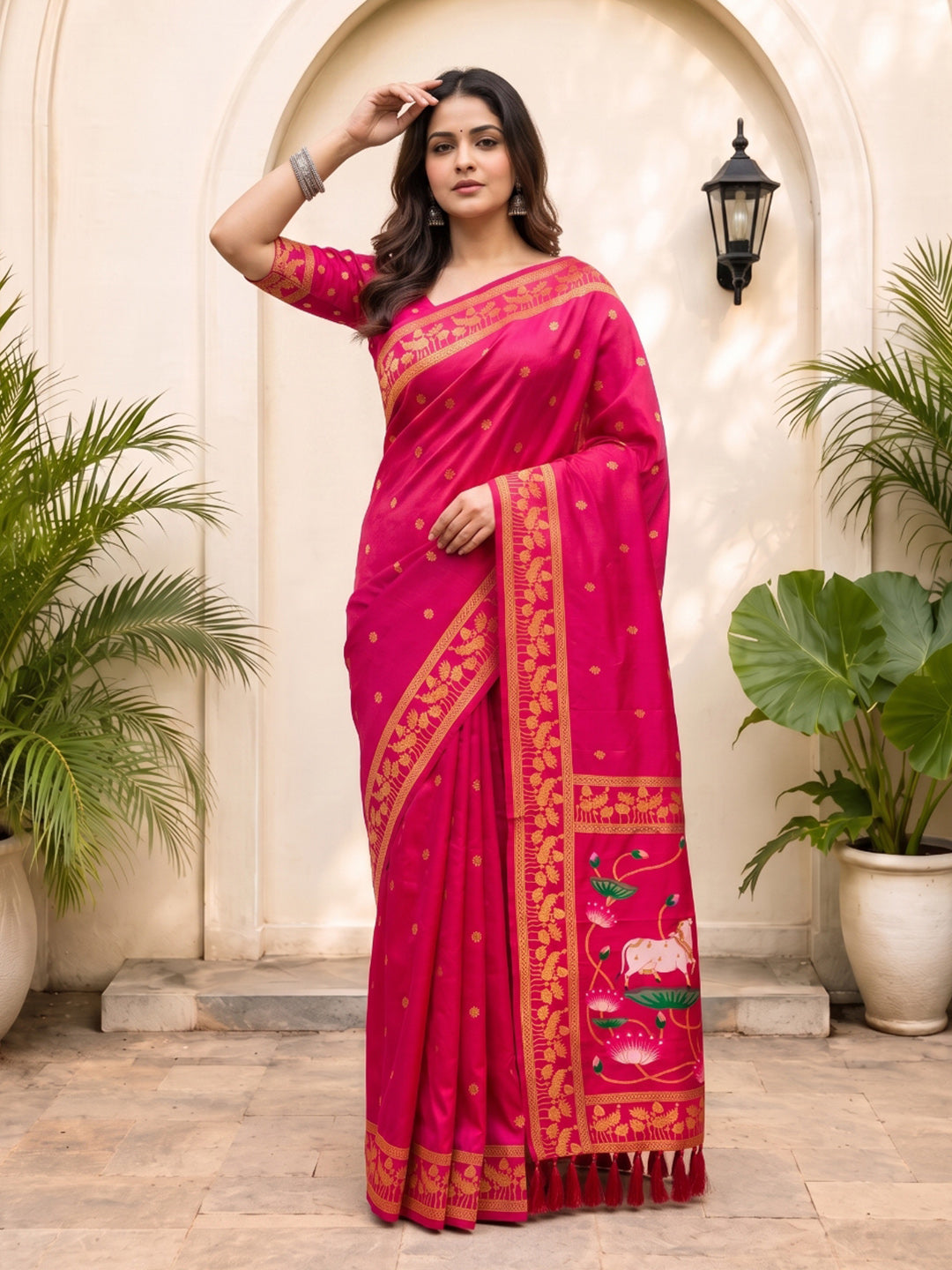 Rani Pink Soft Zari Woven Saree with Lotus Pichwai Concept Pallu
