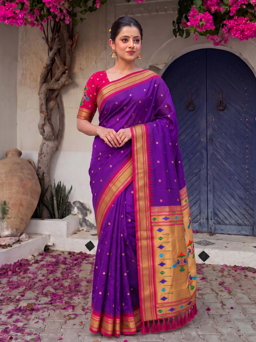 Purple (Red Tone) Premium Traditional Maharani Paithani Silk Saree