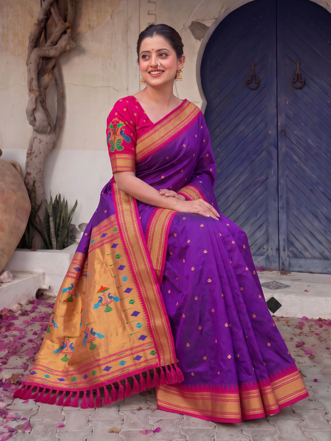 Purple (Red Tone) Premium Traditional Maharani Paithani Silk Saree