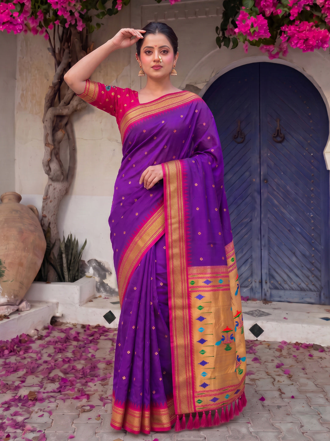 Purple (Red Tone) Premium Traditional Maharani Paithani Silk Saree