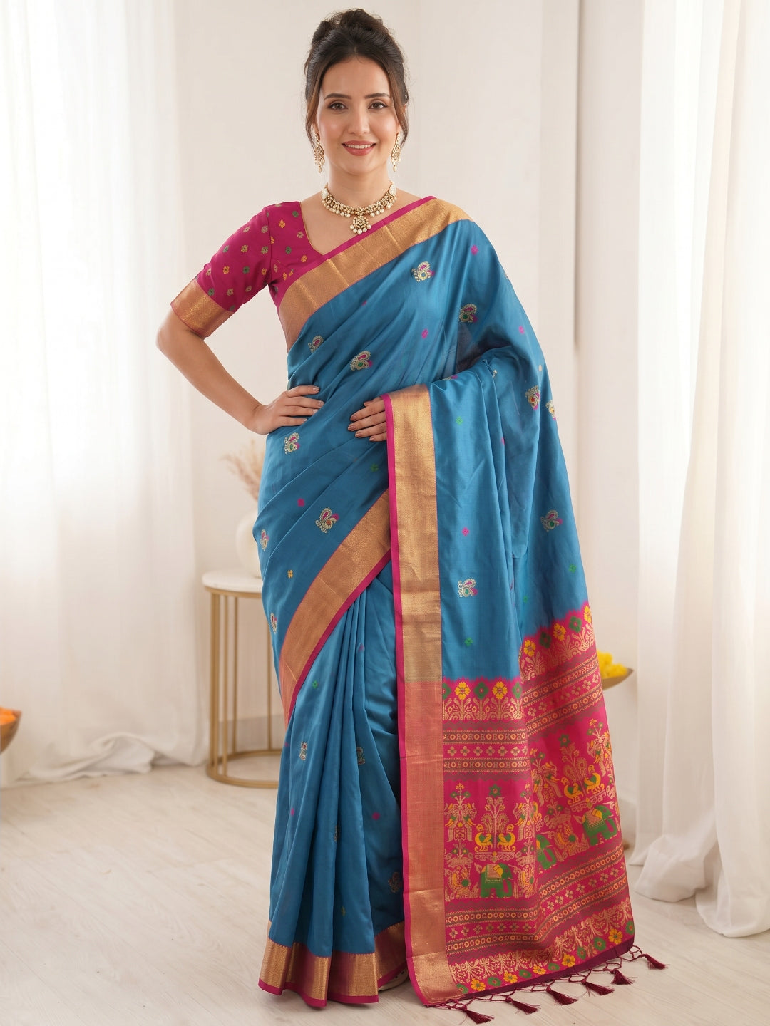 Blue Traditional Soft Silk Saree with Floral &amp; Peacock Pattern Saree