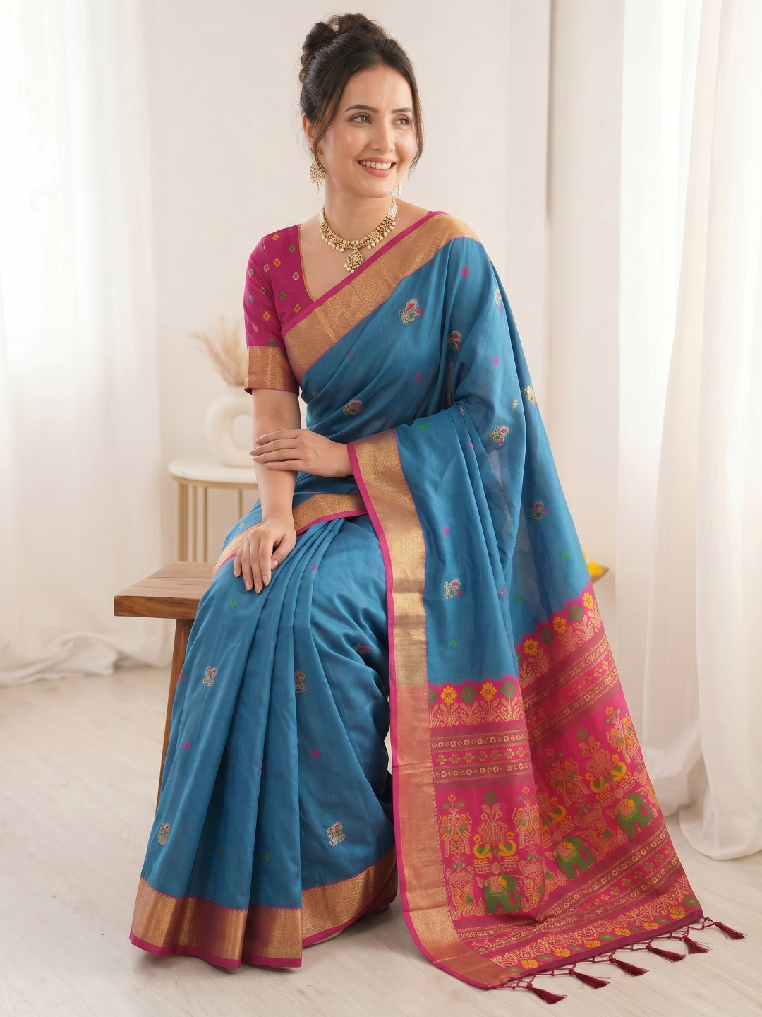Blue Traditional Soft Silk Saree with Floral &amp; Peacock Pattern Saree