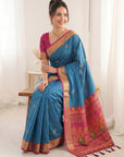 Blue Traditional Soft Silk Saree with Floral & Peacock Pattern Saree