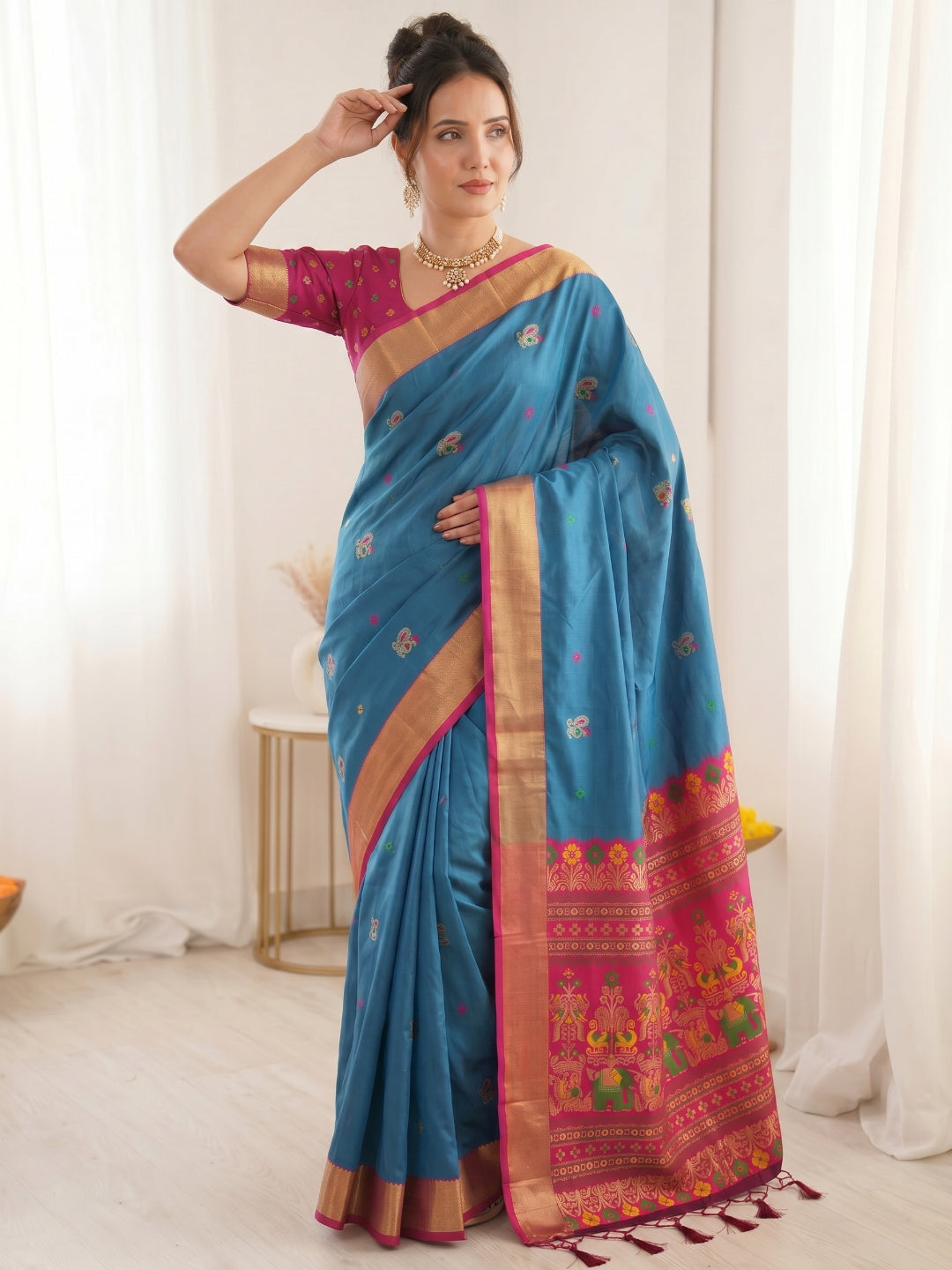 Blue Traditional Soft Silk Saree with Floral &amp; Peacock Pattern Saree