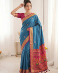 Blue Traditional Soft Silk Saree with Floral & Peacock Pattern Saree