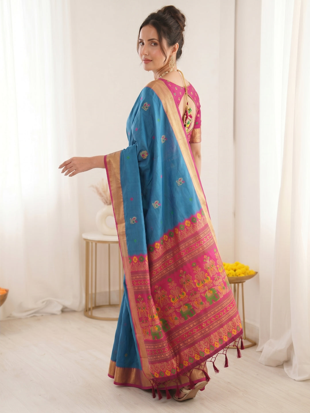 Blue Traditional Soft Silk Saree with Floral &amp; Peacock Pattern Saree
