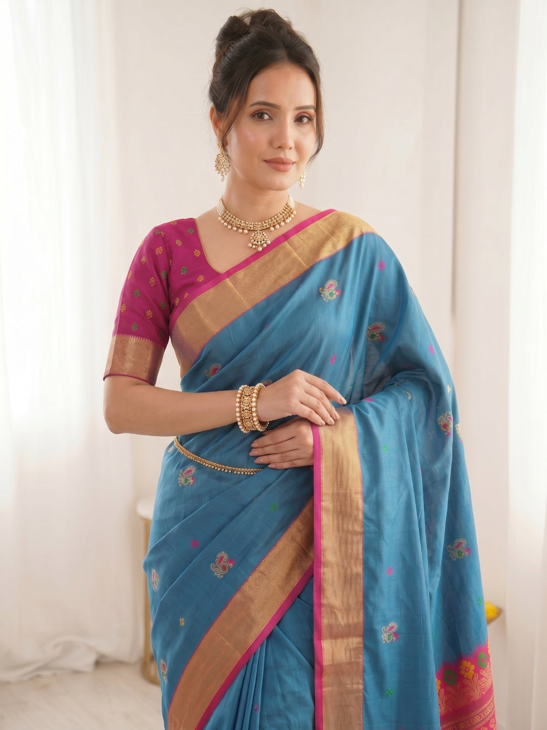 Blue Traditional Soft Silk Saree with Floral &amp; Peacock Pattern Saree