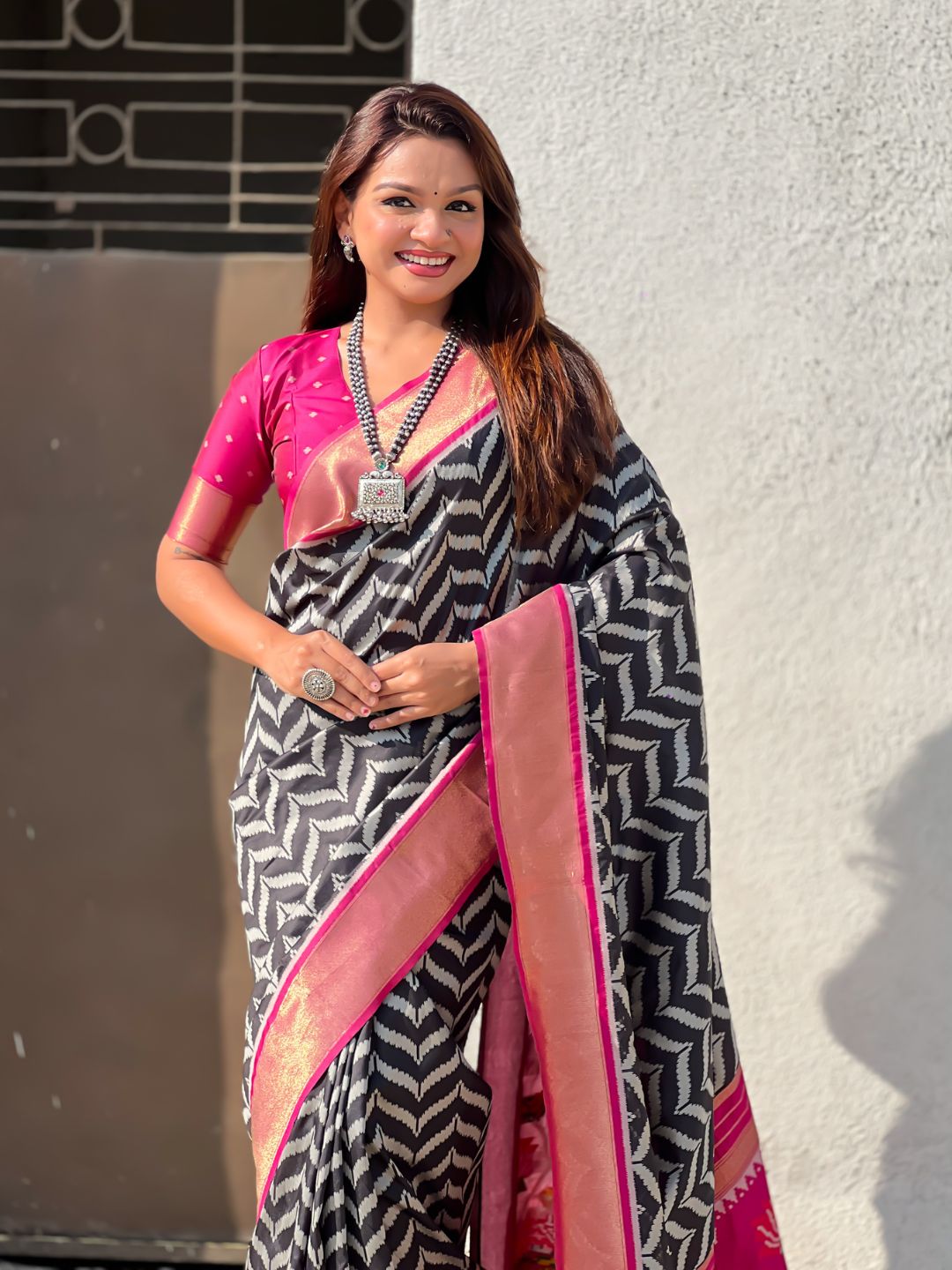 Black Soft Ikkat Leheriya Patola Silk Zari Woven Saree