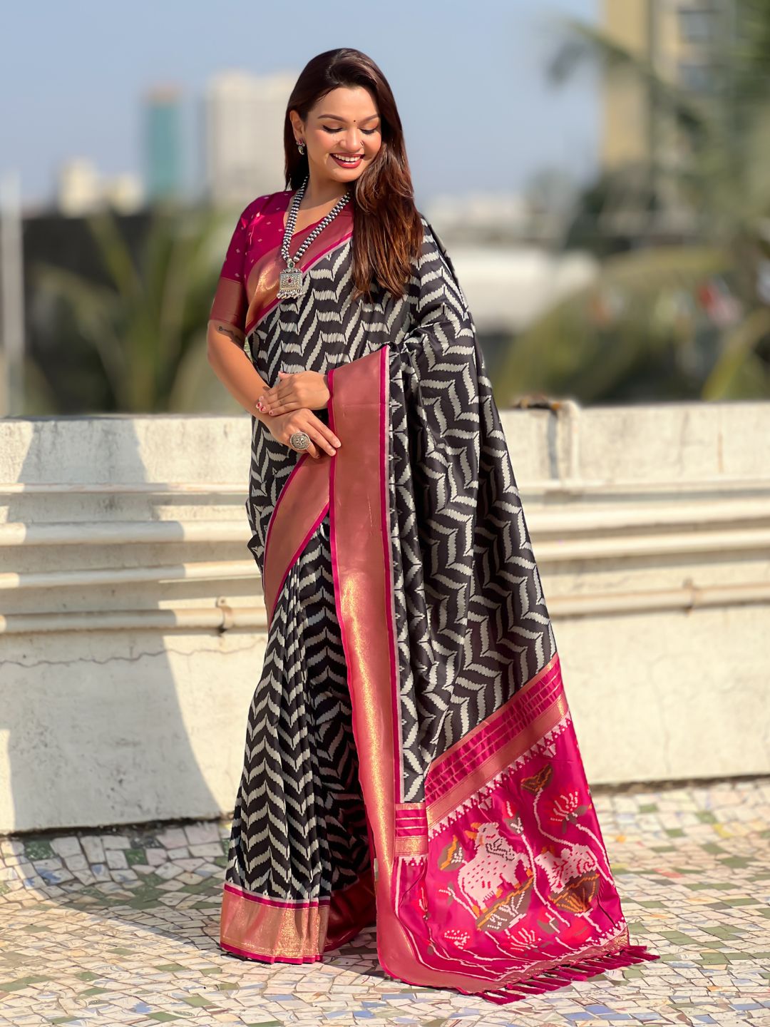 Black Soft Ikkat Leheriya Patola Silk Zari Woven Saree