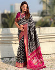Black Soft Ikkat Leheriya Patola Silk Zari Woven Saree