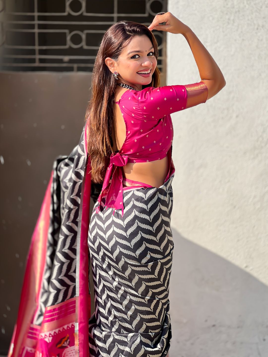 Black Soft Ikkat Leheriya Patola Silk Zari Woven Saree
